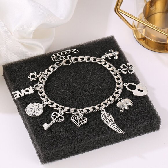 3/$35 Multi Charms Silver Chain Bracelet Chunky Heart Key Wings Flower Jewelry - Picture 4 of 7